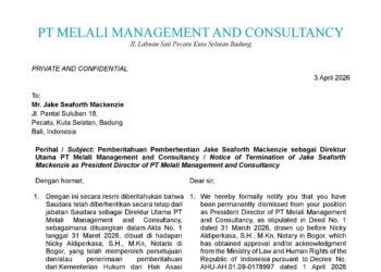 Surat pemecatan resmi tertanggal 3 April 2026 yang ditujukan kepada sosok berinisial J.S.M.